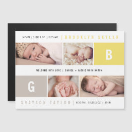 Baby Monogram Twins 4-Foto-Geburtserklärung Magneteinladung