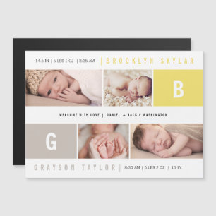 Baby Monogram Twins 4-Foto-Geburtserklärung Magneteinladung