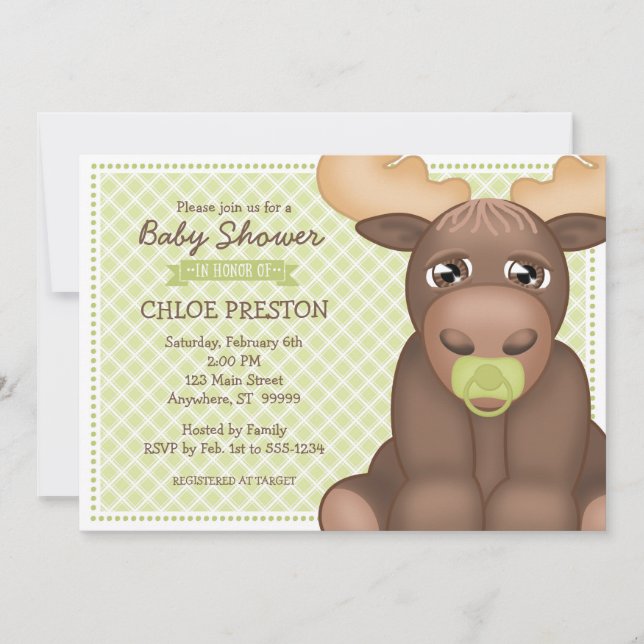 Baby Moose Baby Shower Einladung - grün & braun (Vorderseite)