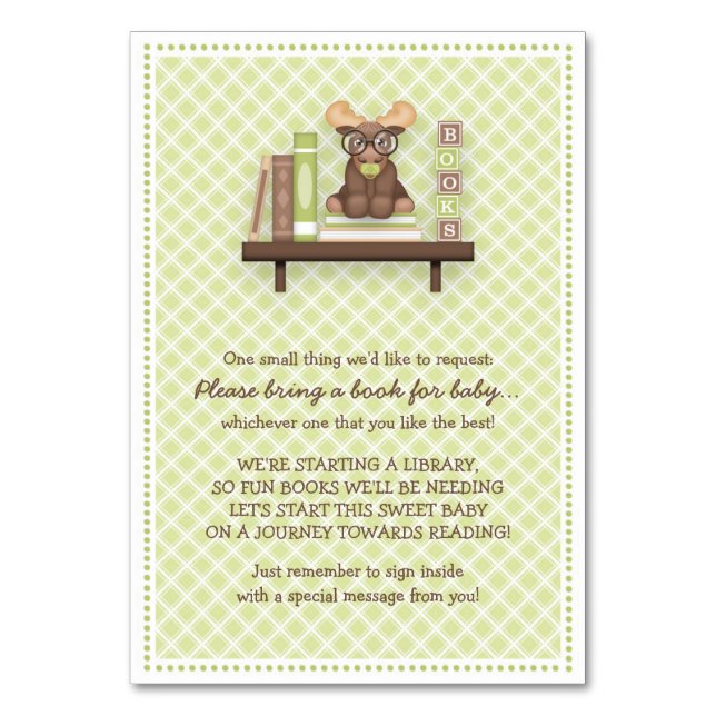Baby Moose "Bring a Book" Card zur Kinderdusche Tischnummer (Vorderseite)