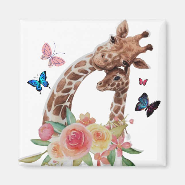 Baby & Mum Giraffe mit Schmetterlingen Magnet (Vorne)