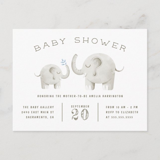 Baby & Mutter Elephant Gender Neutral Baby Dusche Einladungspostkarte (Vorderseite)