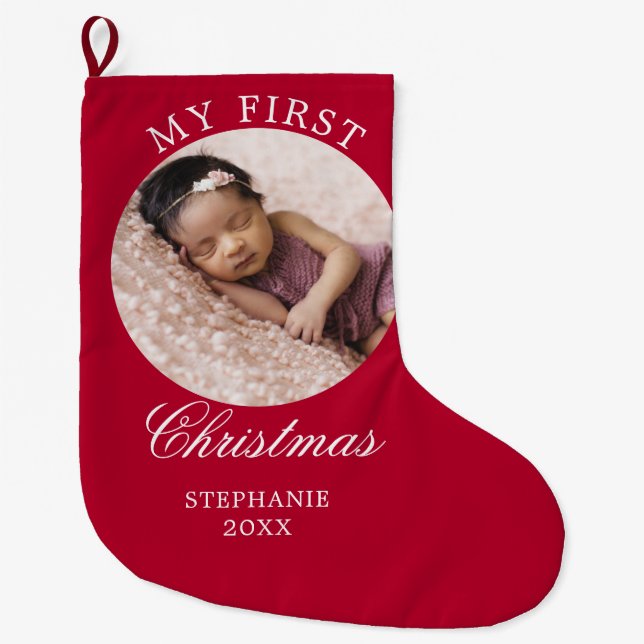 Baby My First Christmas Custom Foto Red Großer Weihnachtsstrumpf (Vorderseite)