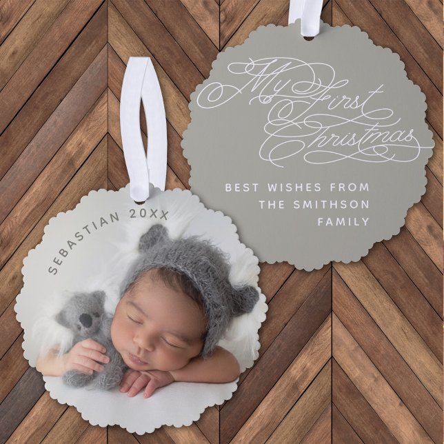 Baby My First Christmas Custom Text Foto Elegant Ornament Karte (Von Creator hochgeladen)