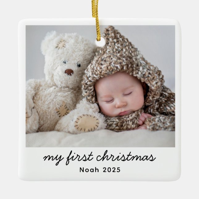 Baby My First Christmas Foto Modern Script Name Keramikornament (Vorderseite)