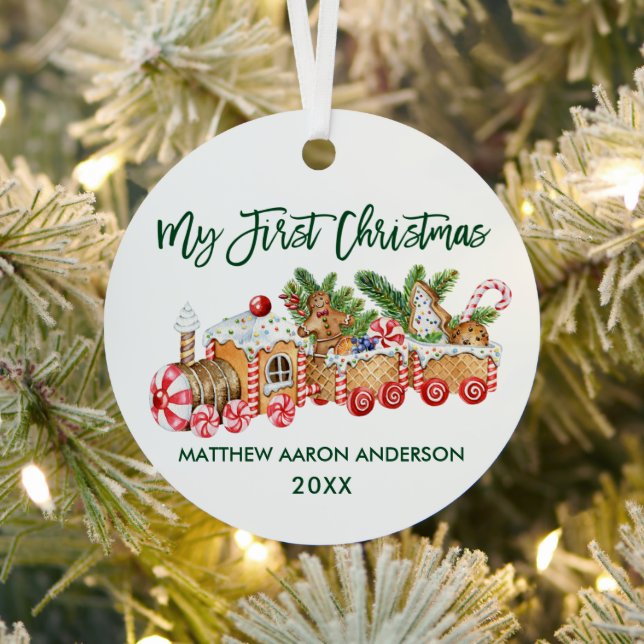 Baby My First Christmas Gingerbrot Train Green Ornament Aus Metall (InSitu)
