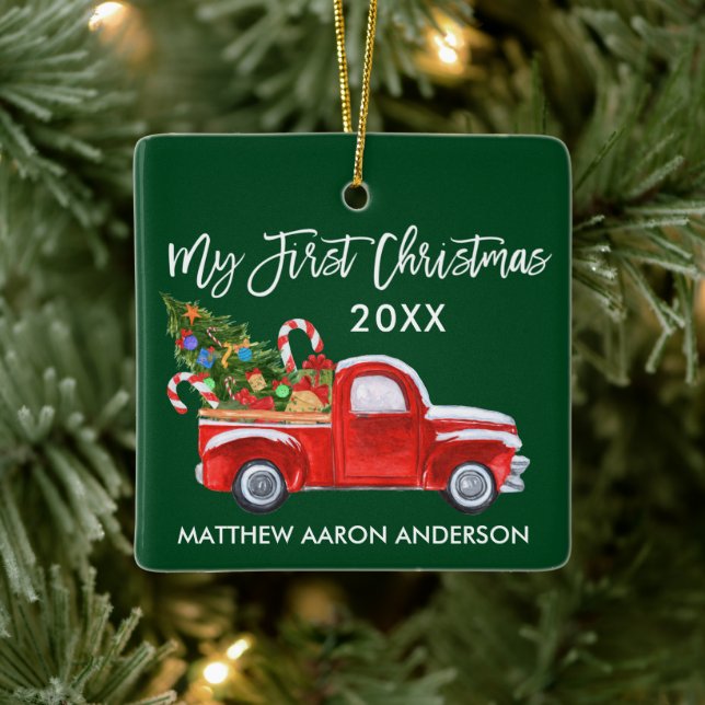 Baby My First Christmas Red Truck Candy Canes Keramikornament (Baum)