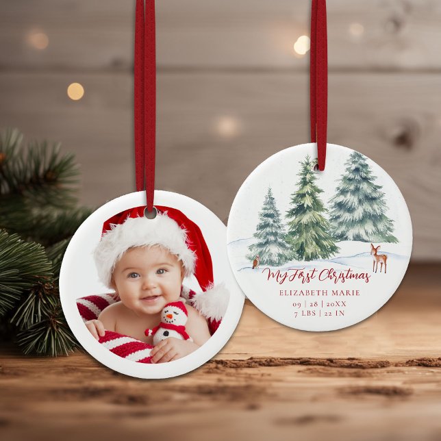 Baby My First Christmas Woodland Deer Owl Photo  Keramik Ornament (baby my first christmas ornament woodland deer owl trees baubles photo red calligraphy)