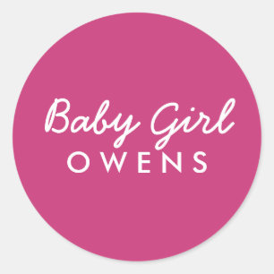 Baby-Nachname-Babyparty-Aufkleber-Rosa Weiß Runder Aufkleber