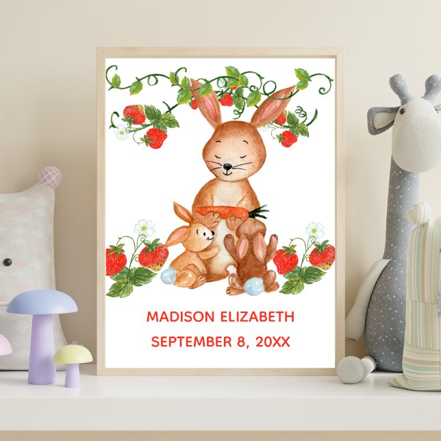 Baby Name Birthday Baby Bunny Strawberry Kinderzim Poster (Mama Bunny Baby Bunny Strawberries Personalized Nursery Wall Art digital or printed.)