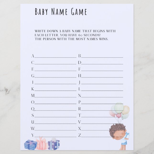 Baby Name Game Baby Showspiel (Vorderseite)