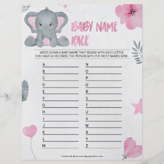 Baby Name Race [Baby Elephant [Pink] Briefbogen