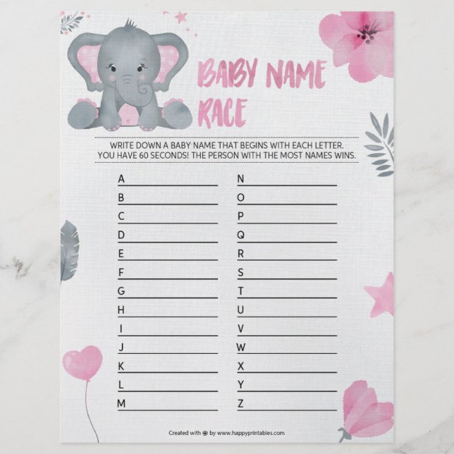 Baby Name Race [Baby Elephant [Pink] Briefbogen (Vorderseite)