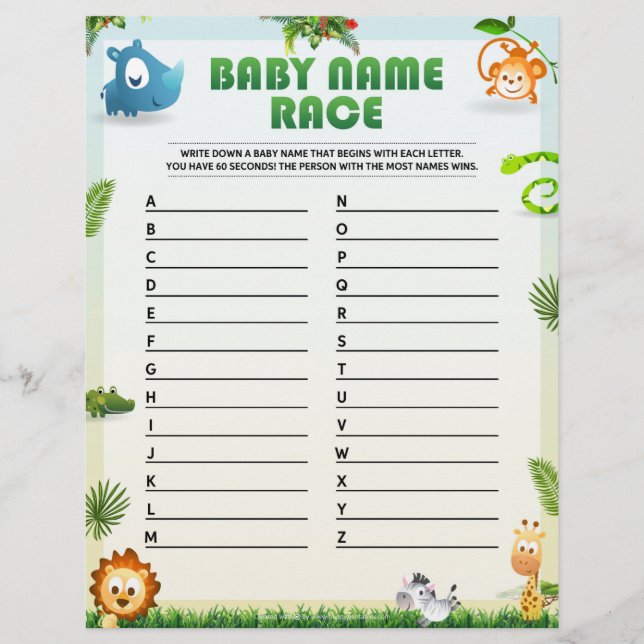 Baby Name Race Baby Shower Game [Tierthema] Briefbogen (Vorderseite)