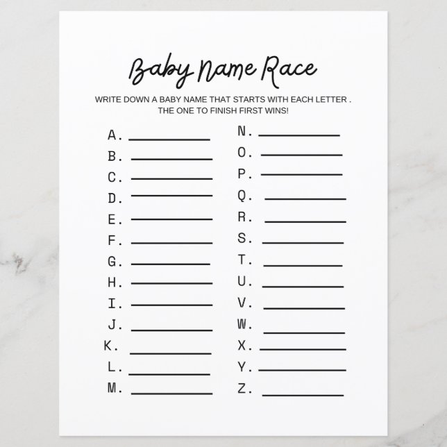 Baby Name Race Baby Showspiel (Vorderseite)