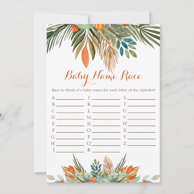 Baby Name Race Baby Showspiel Orange Floral Invi Einladung (Vorderseite)