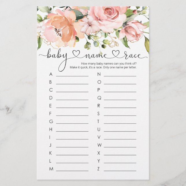 Baby Name Race Game, Floral Rose Baby Showspiel (Vorderseite)