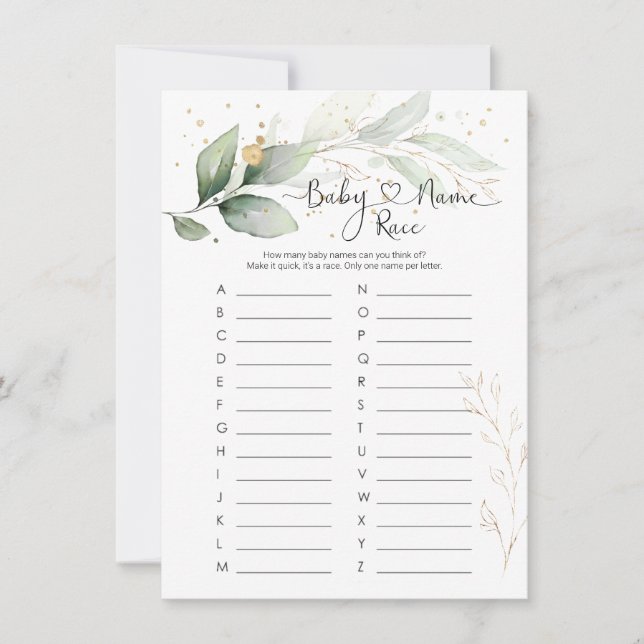 Baby Name Race Game, Greenerity Baby Shower Game I Einladung (Vorderseite)
