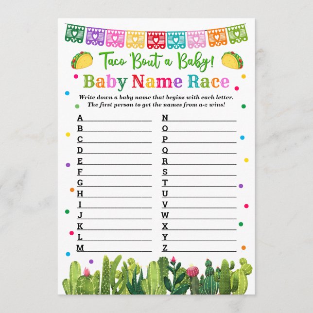 Baby Name Race Game Taco Babydusche Hinweiskarte (Vorderseite)