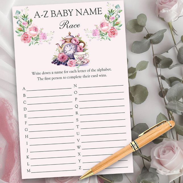 Baby Name Race Shower Game Vintag Tee Pot Floral (Baby Name baby shower game sheets from my Vintage Tea Party Baby Shower Collection)