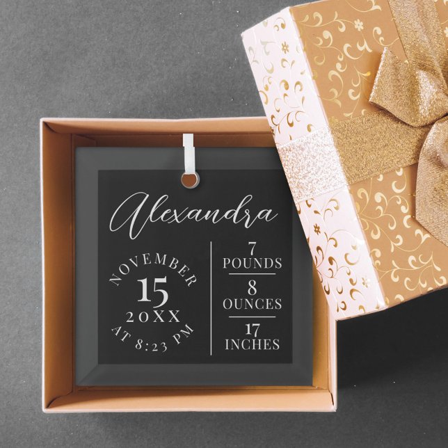  Baby Name Script & Birth Stats Black Keepsake Ornament Aus Glas (Von Creator hochgeladen)