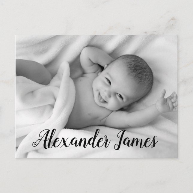 Baby Name Script Geburtsankündigung Foto Ankündigungspostkarte (Vorderseite)