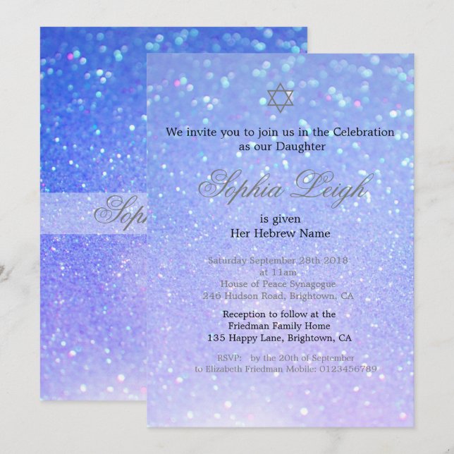 Baby Naming Ceremony Hebrew Girl Glitzer Einladung (Vorne/Hinten)