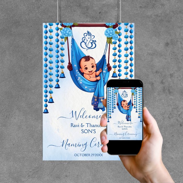 Baby Naming Cradle Zeremonie blaues Begrüßungszeic Poster (Baby Naming Cradle Ceremony blue editable template welcome sign digital download Namkarana Hindu)