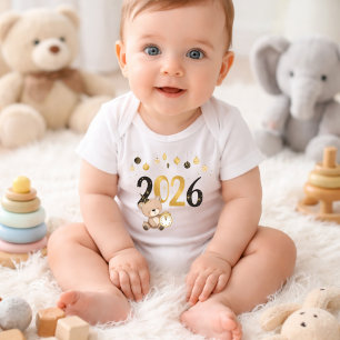 Baby Neujahr 2026 Teddybär Bodysuit ,Gold schwarz Strampler