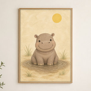 Baby-Nilpferd-Pfützen-Wasserfarben-Whimsical-Kunst Poster