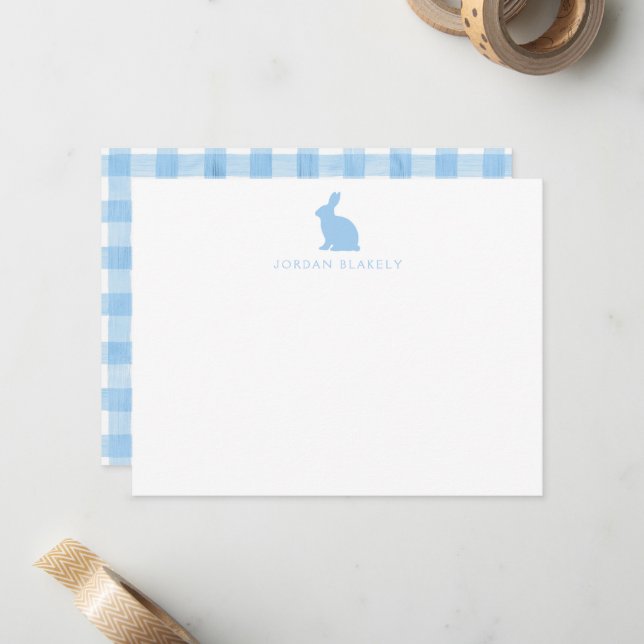 Baby-Notizkarte, Hellblaue Häschen-Gingham-Flachka Mitteilungskarte (Vorderseite/Rückseite Beispiel)