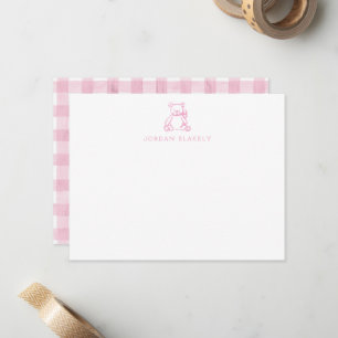 Baby Notizkarte, Hellrosa Teddybär Gingham Flach Mitteilungskarte