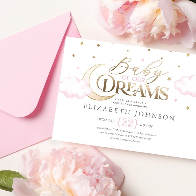 Baby of our Dreams Moon and Stars Pink Baby Shower Einladung (Von Creator hochgeladen)