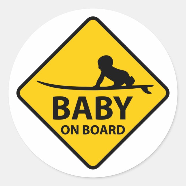 Baby on Board funny baby design with surf board Runder Aufkleber (Vorderseite)