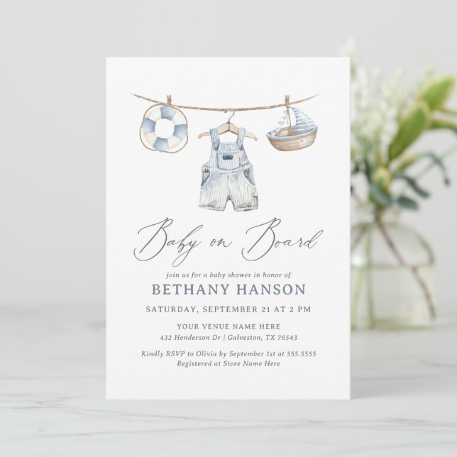 Baby on Board Nautical Baby Shower Einladung (Stehend Vorderseite)