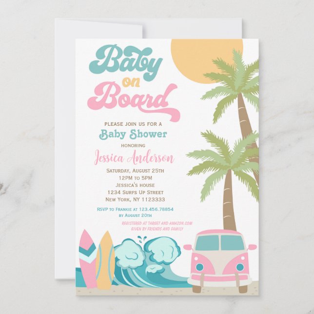 Baby on board Surf Baby Shower Invitations Girl Einladung (Vorderseite)