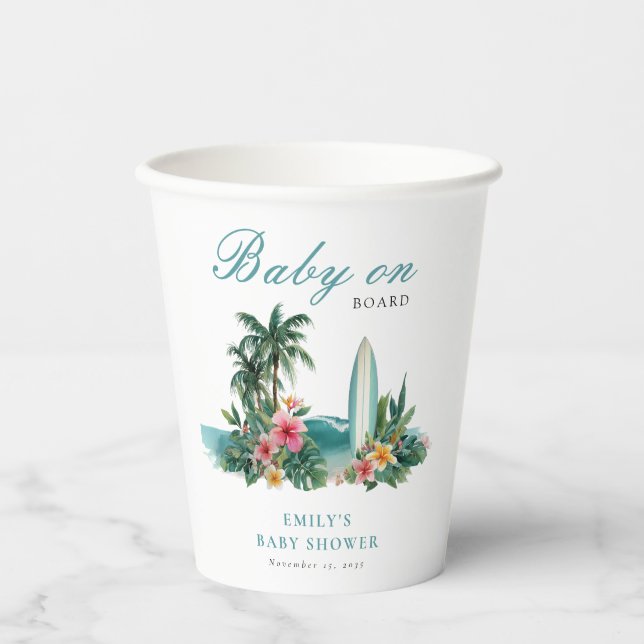 Baby On Board Surf Beach Baby Shower Pappbecher (Vorderseite)