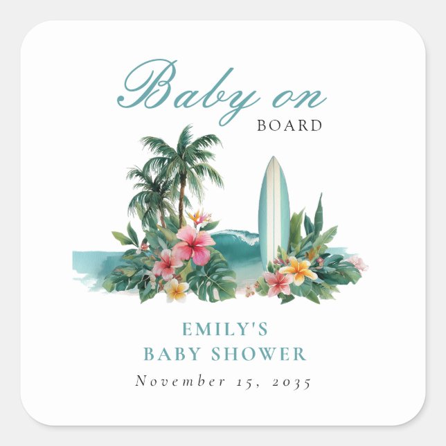 Baby On Board Surf Beach Baby Shower Quadratischer Aufkleber (Vorderseite)