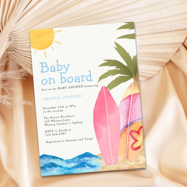 Baby on Board Surfboard Beach Baby Shower Einladung (Von Creator hochgeladen)