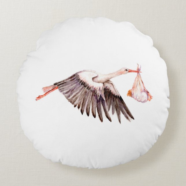 Baby on Stork Rundes Kissen (Vorderseite)