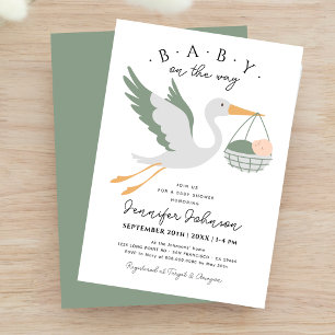 Baby on the way Niedlich Stork Sage Green Baby Sho Einladung