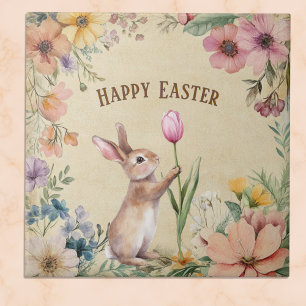 Baby-Osterhase mit rosa Tulpe Vintage-Blumen Fliese