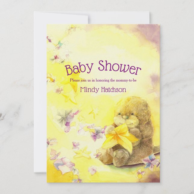 Baby Otter Lila & Gelb Babydusche Einladung (Vorderseite)