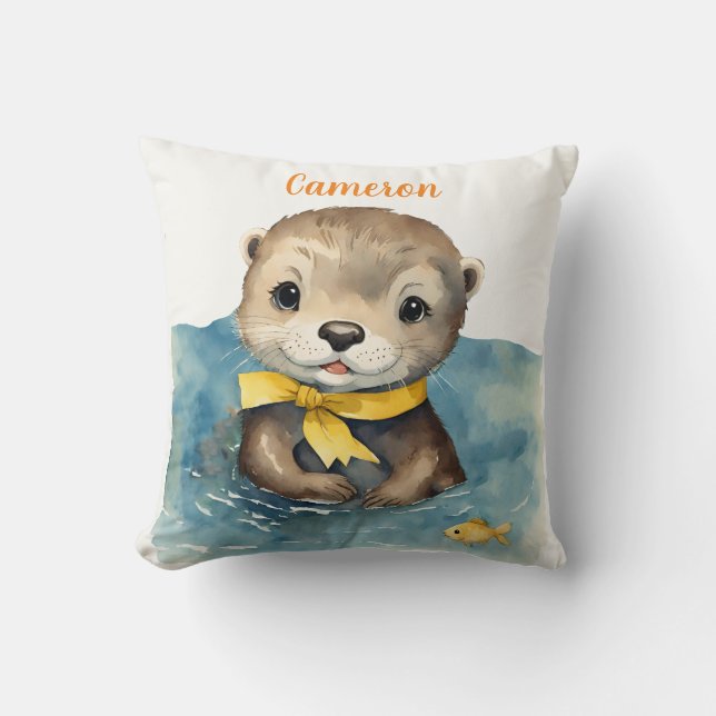 Baby Otter Yellow Bow Personalisiert neutral Kissen (Vorderseite)