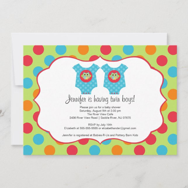 Baby Owl Bekleidung Boy Twins Kinderdusche Einladu Einladung (Vorderseite)