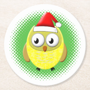 Baby Owl Cartoon Santas Hat Runder Pappuntersetzer