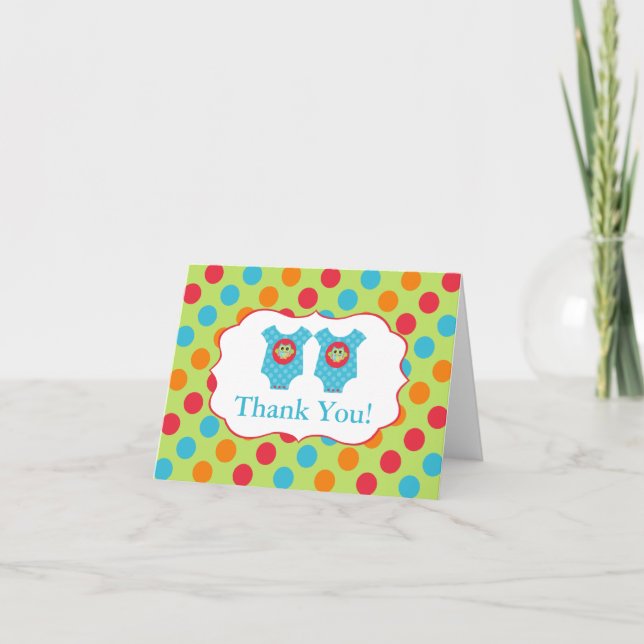 Baby Owl Kleidung Boy Twins Baby Dusche Vielen Dan Dankeskarte (Vorderseite)