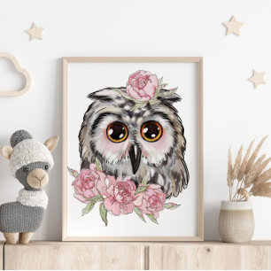Baby Owl Rose Animal Poster Wall Print