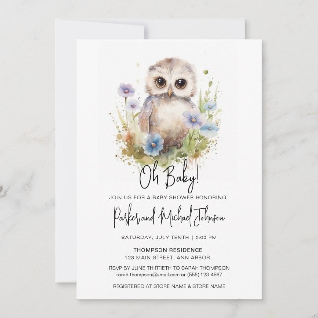 Baby Owl Woodland Babydusche Einladung (Vorderseite)