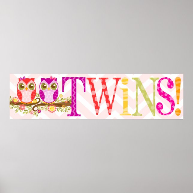 Baby Owls - Zwei Mädchen - Rosa und Lila Duschbann Poster (Vorne)